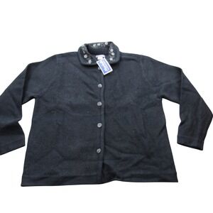 Erika Stewart Black Wool Floral Embroidered Button Front Cardigan Womens L